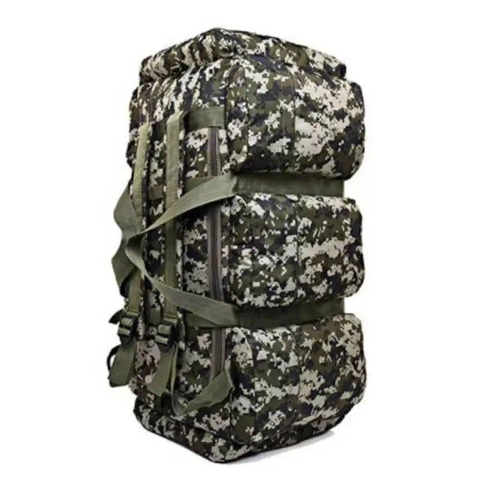 Military-style backpack with digital camouflage pattern and multiple compartments.