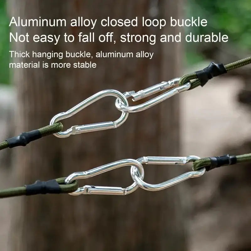 Aluminum alloy closed loop buckles attached to thin cords or ropes.