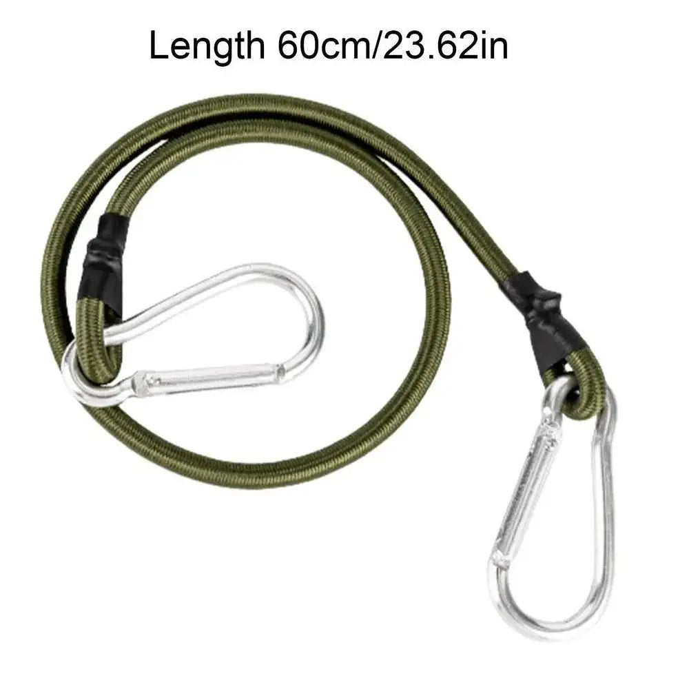 Olive green bungee cord with metal carabiners at each end.