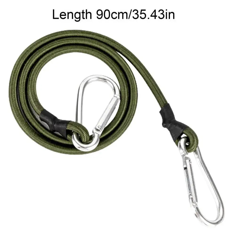 Olive green bungee cord with metal carabiners at both ends, measuring 90cm in length.