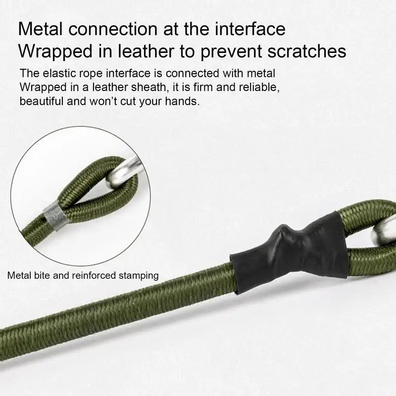 Elastic rope with metal connections and leather wrapping at the interface points.