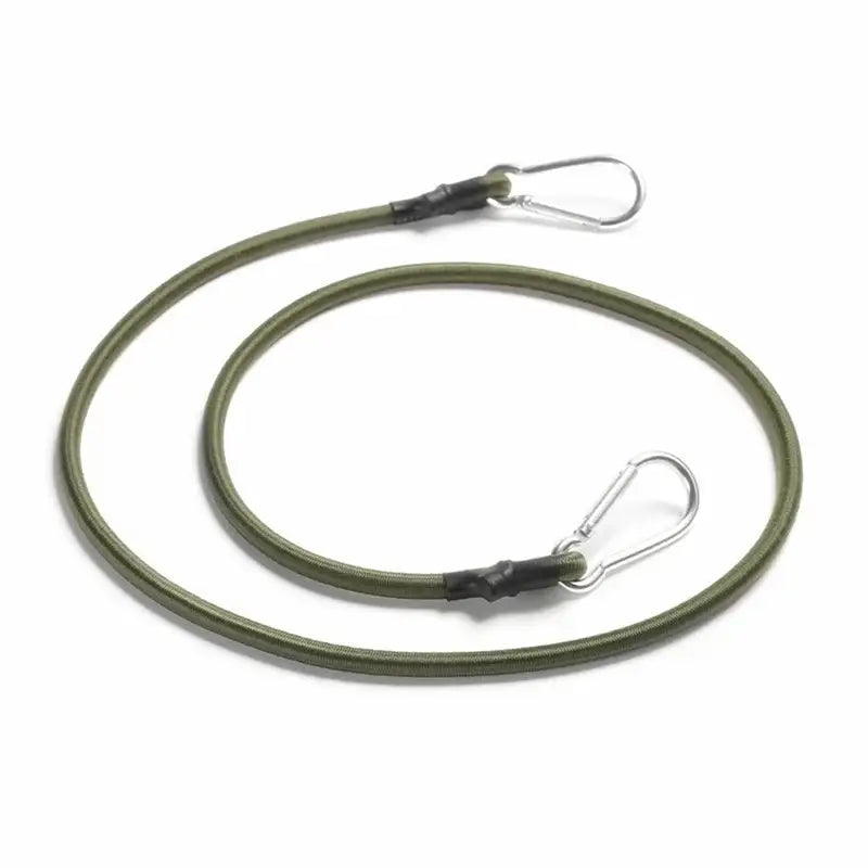 Olive green elastic cord with metal carabiners at each end.