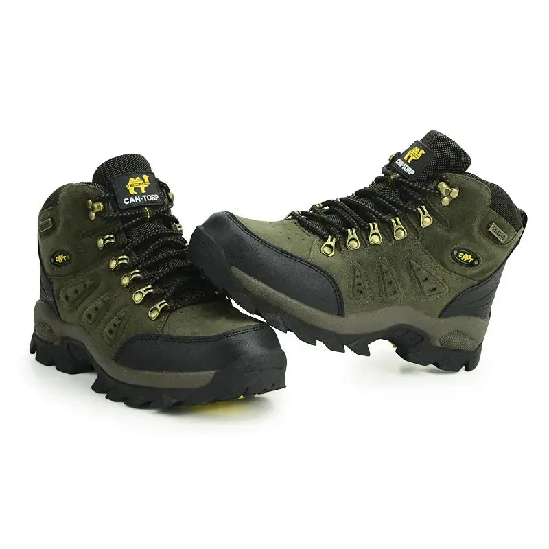 Pair of rugged olive green hiking boots with black and yellow accents.