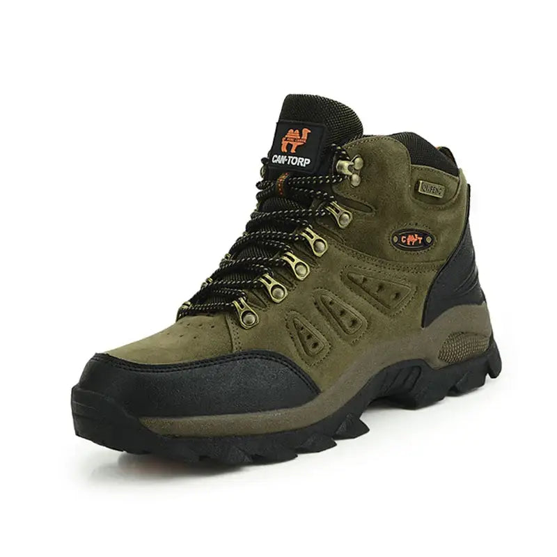 Rugged olive green hiking boot with black accents and sturdy lacing system.