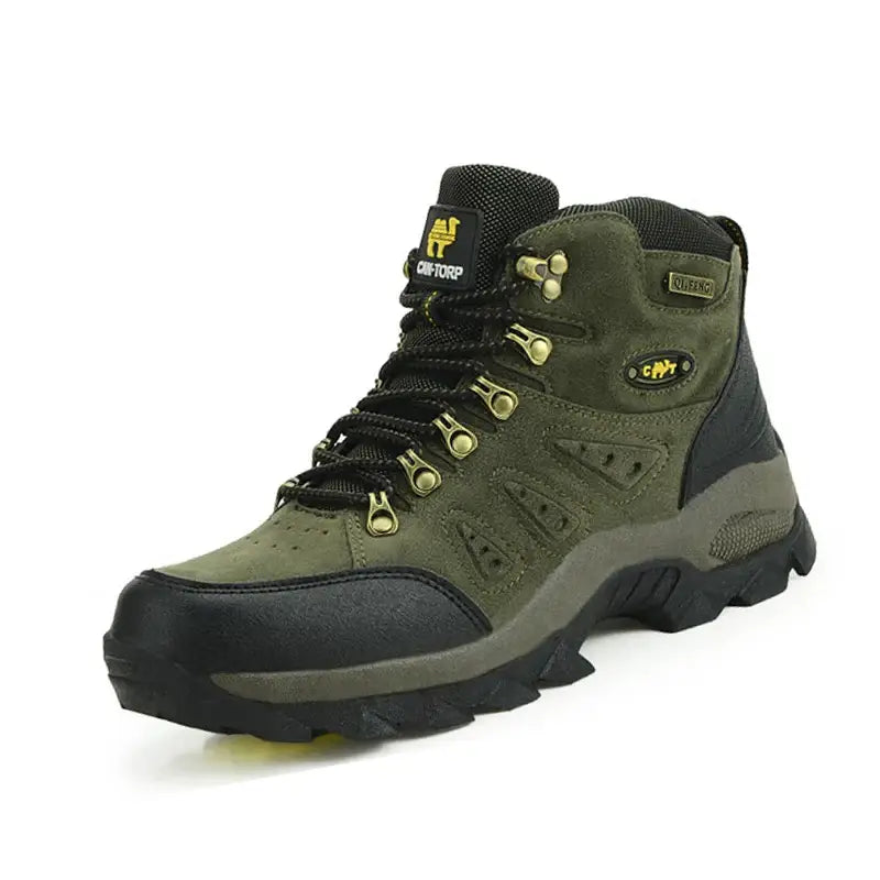 Rugged green hiking boot with black accents and yellow lacing details.