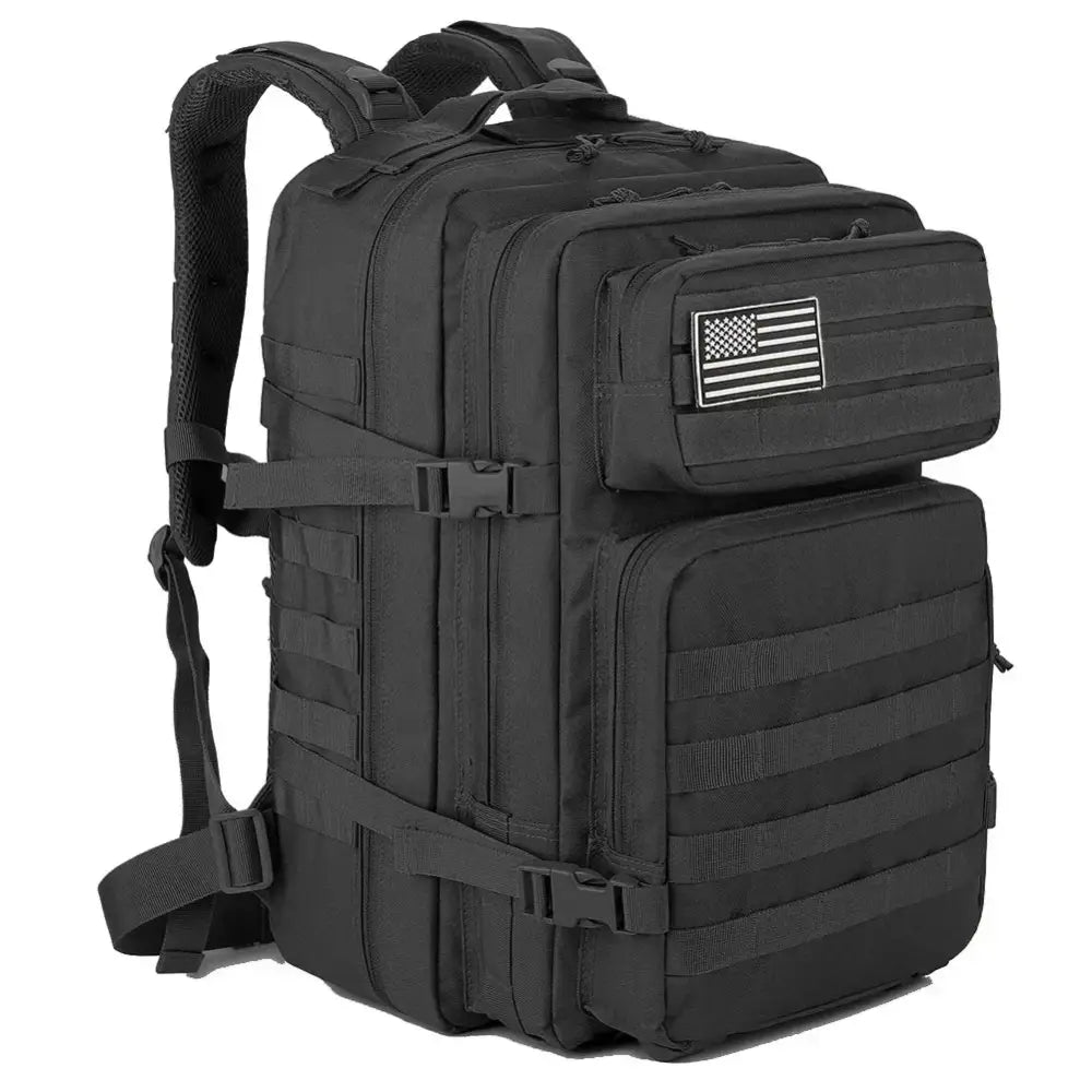 Black tactical backpack with multiple compartments and an American flag patch.