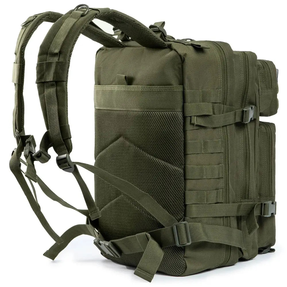 Military-style tactical backpack in olive green color.