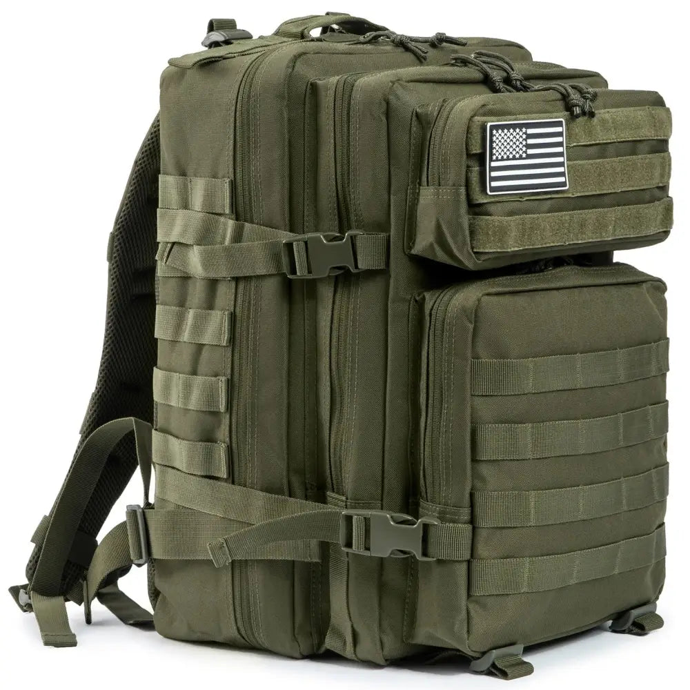 Military-style tactical backpack in olive green with MOLLE webbing and an American flag patch.