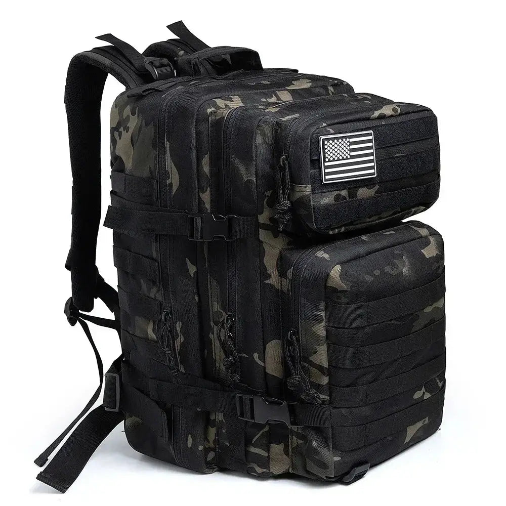 Military-style tactical backpack with camouflage pattern and an American flag patch.