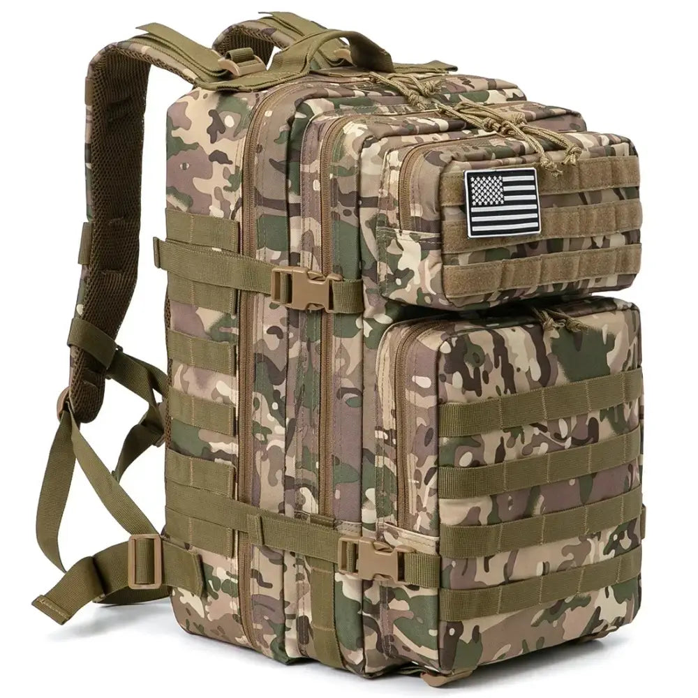 Military-style tactical backpack with camouflage pattern and American flag patch.