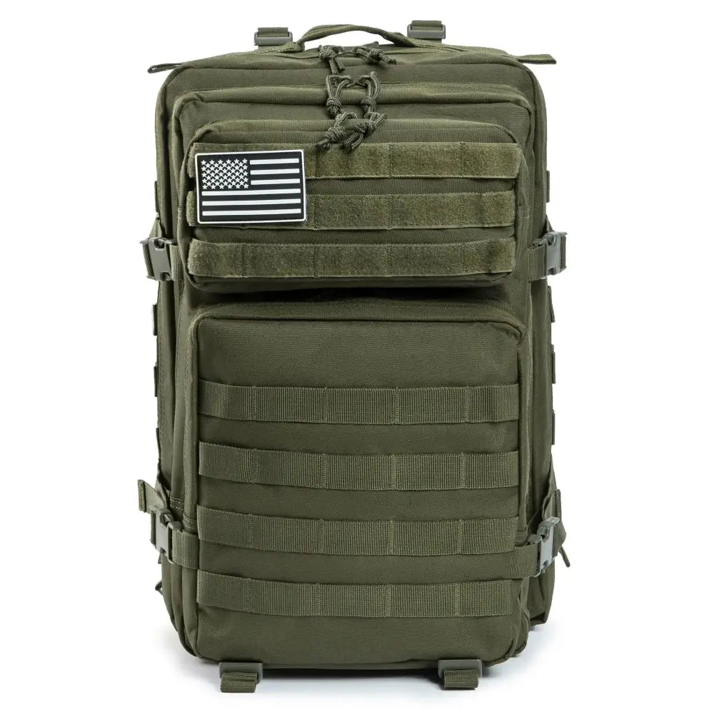 Military-style tactical backpack in olive green with MOLLE webbing and an American flag patch.