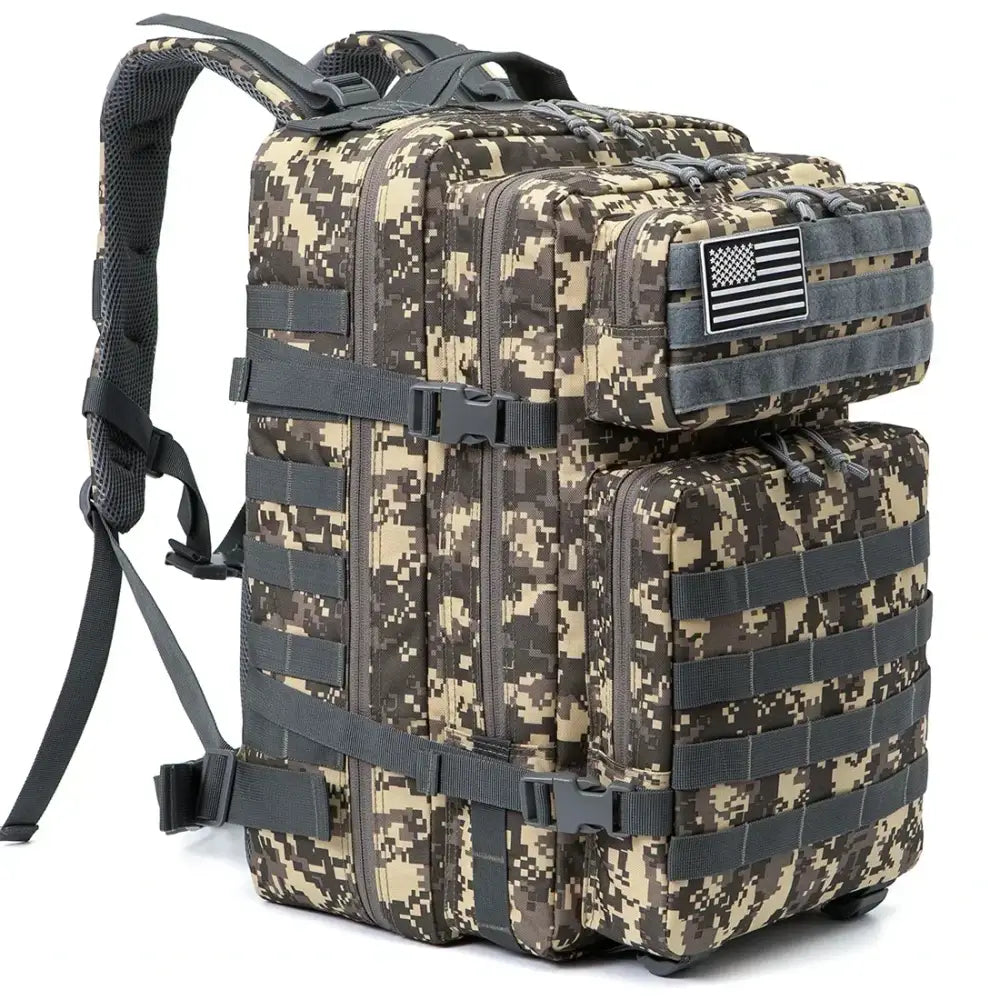 Military-style tactical backpack with digital camouflage pattern and MOLLE webbing.