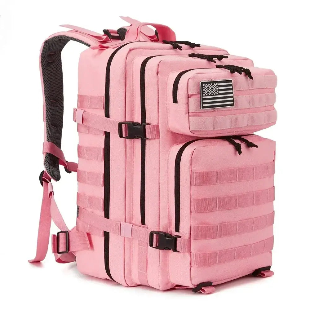 Pink tactical-style backpack with multiple compartments and a US flag patch.