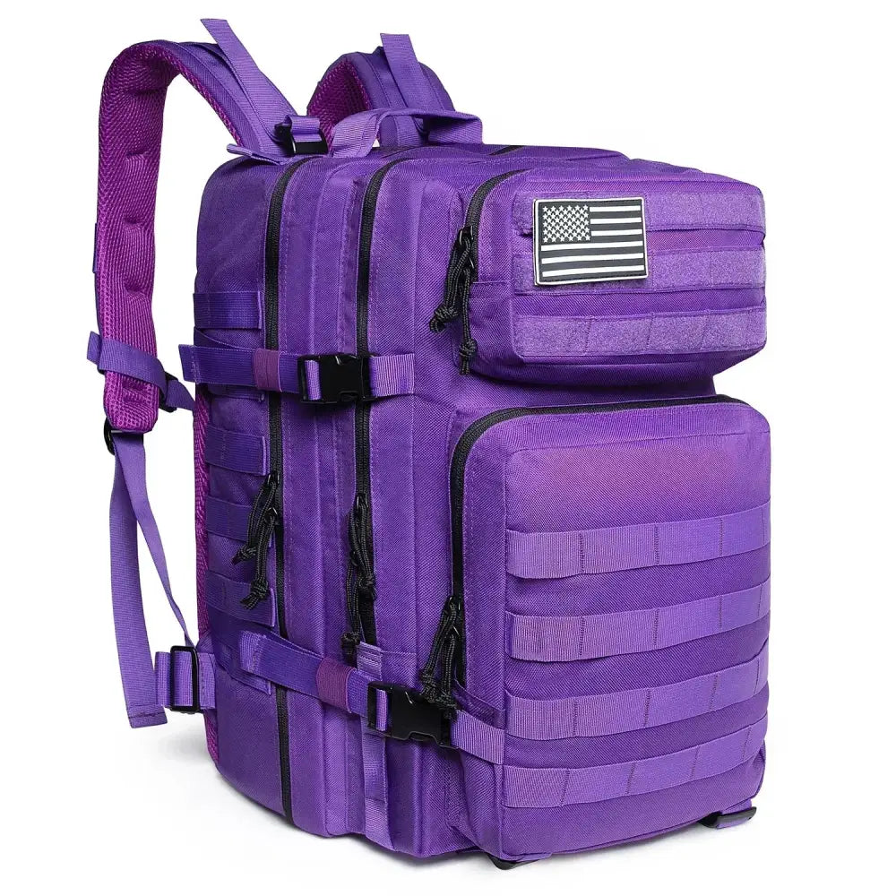 Purple tactical backpack with multiple compartments and a flag patch.