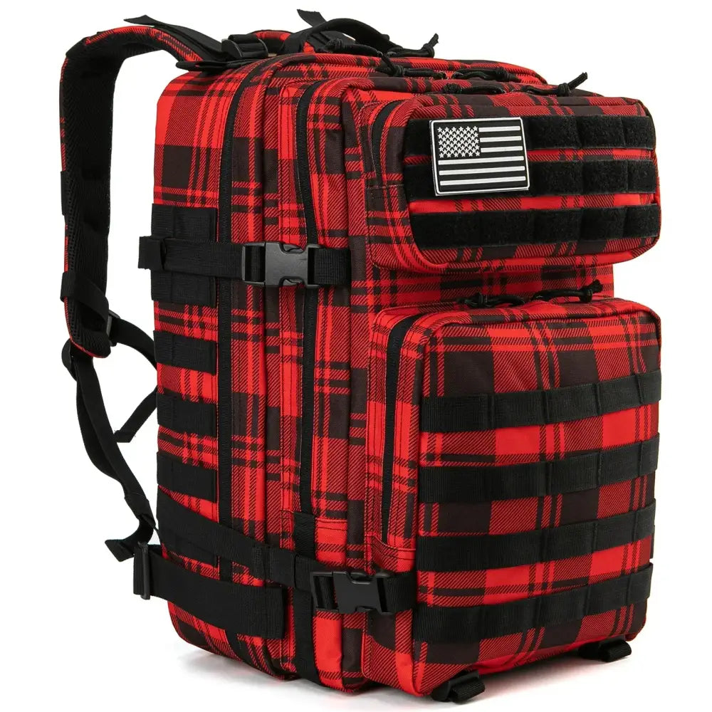 Red and black plaid tactical backpack with an American flag patch.