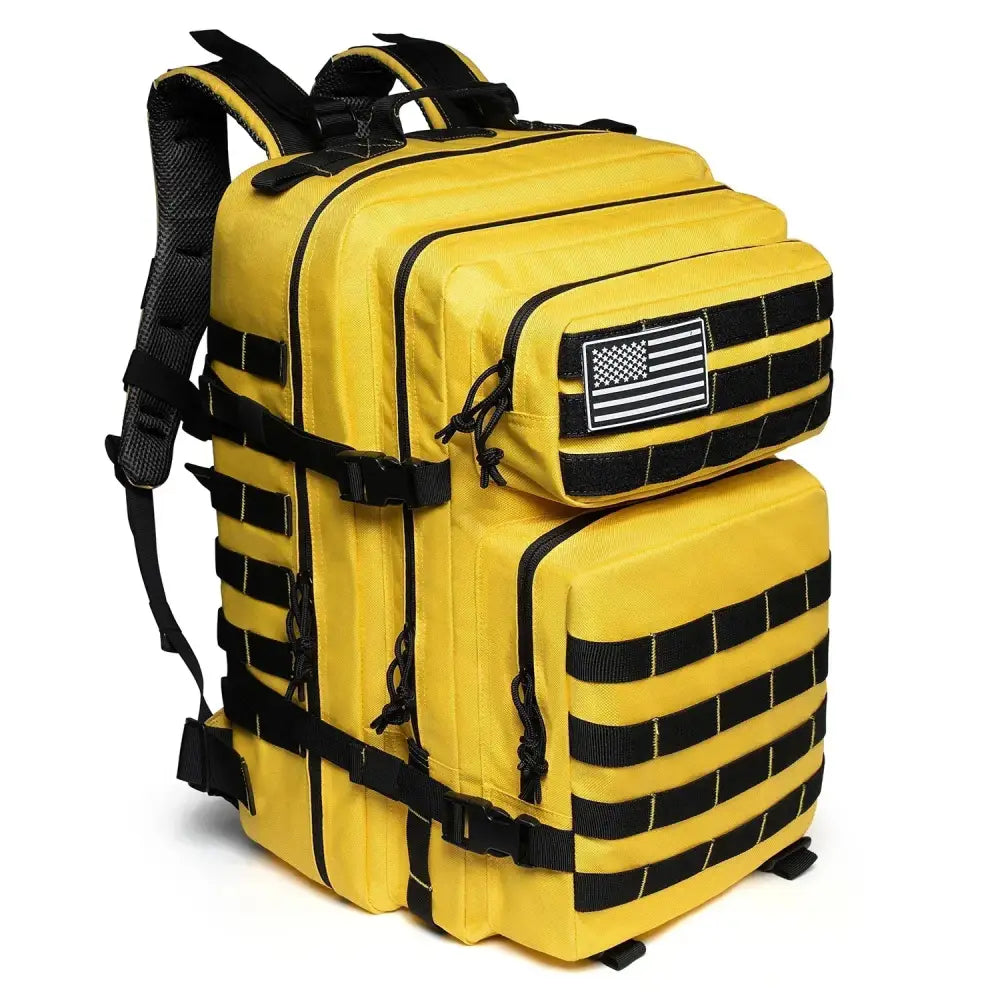 Yellow tactical backpack with multiple compartments and a US flag patch.