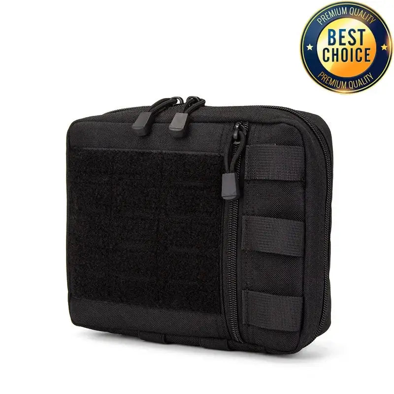 Black tactical pouch with MOLLE webbing and multiple compartments.