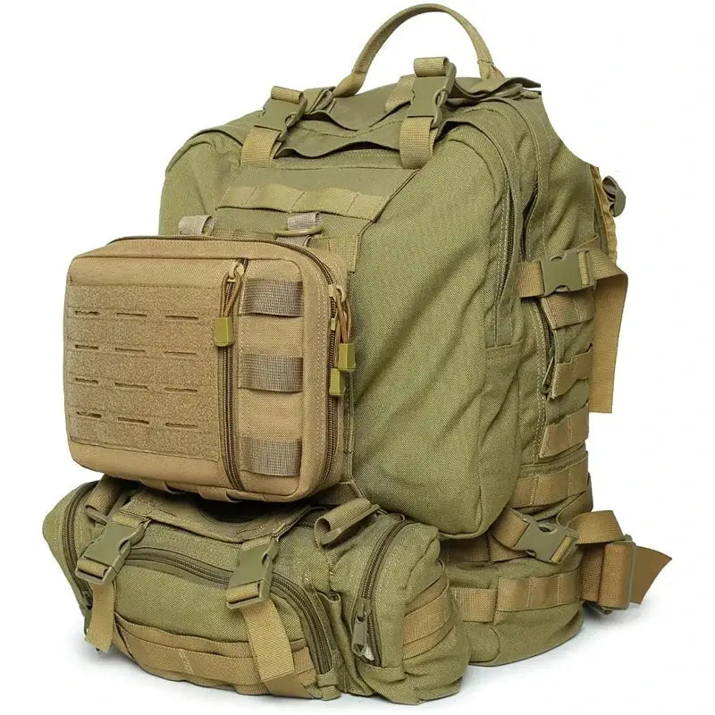 Military-style tactical backpack in olive green with multiple compartments and MOLLE webbing.