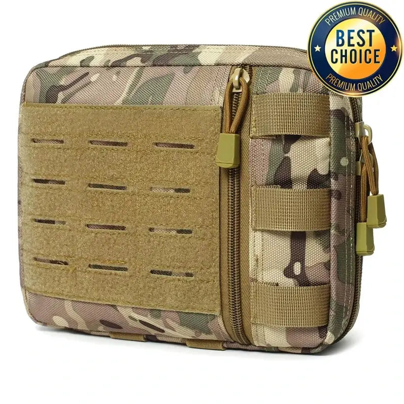 Tactical military-style pouch with camouflage pattern and MOLLE webbing.