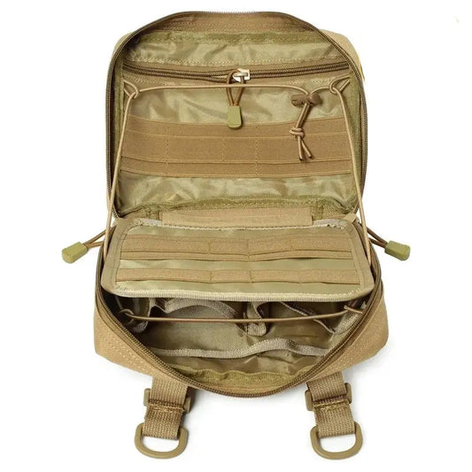 Tactical backpack with multiple compartments and MOLLE webbing, shown open to display interior organization.