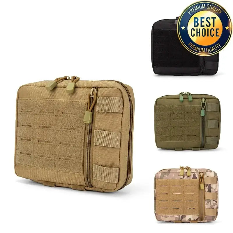 Tactical pouch or utility bag with MOLLE webbing in tan color.