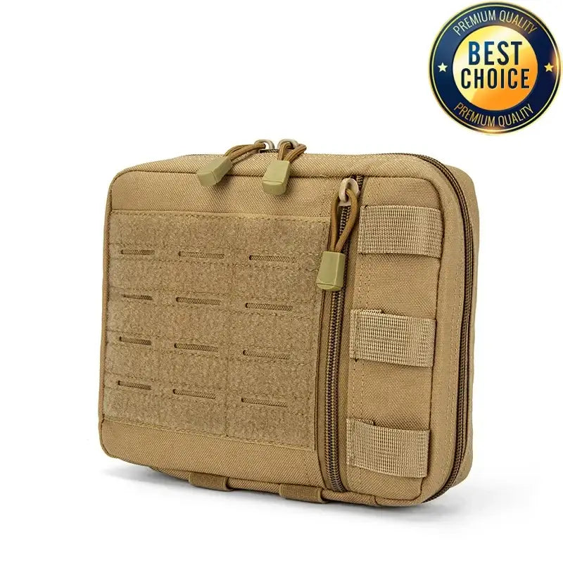 Tan tactical pouch or utility bag with MOLLE webbing and zipper closure.