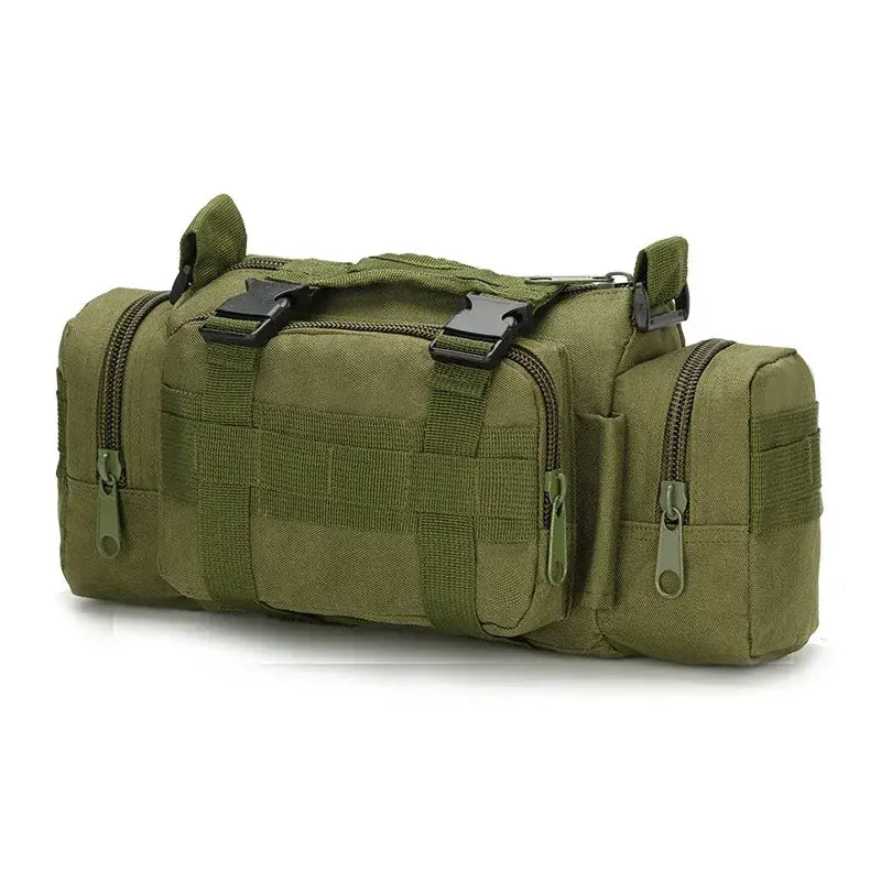 Olive green tactical waist pack or utility bag with multiple compartments and straps.