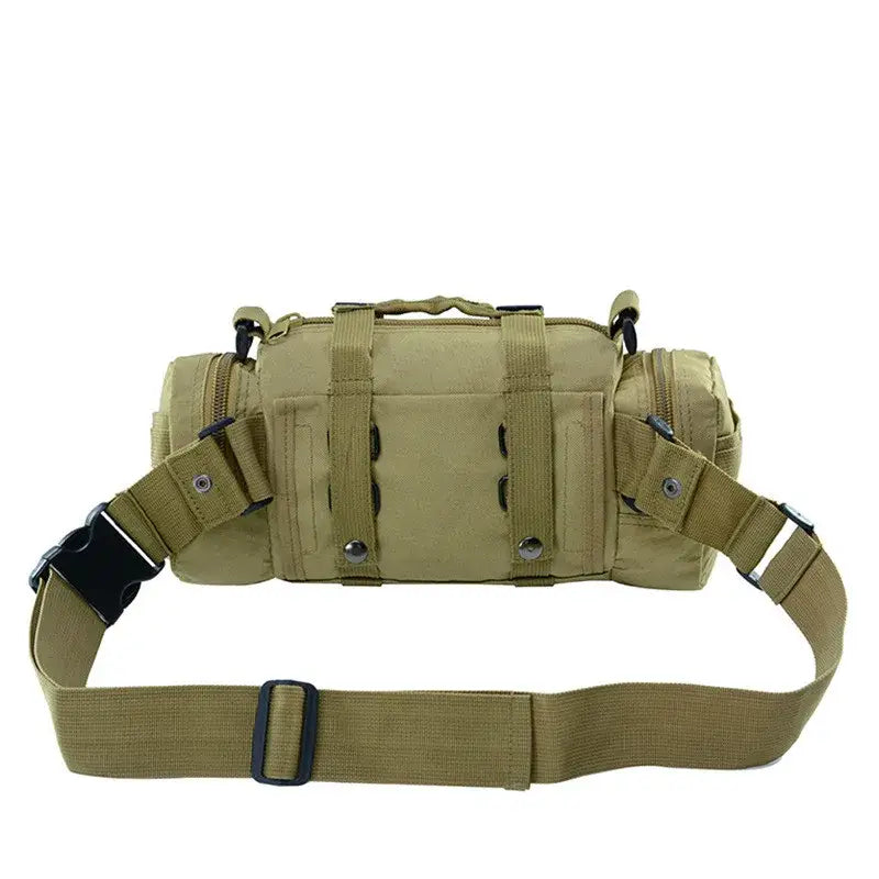 Tactical waist pack or fanny pack in olive green with multiple compartments and an adjustable strap.