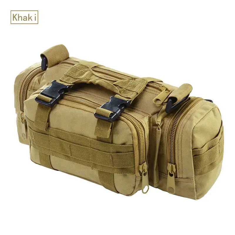 Khaki tactical utility bag with multiple compartments and buckle straps.