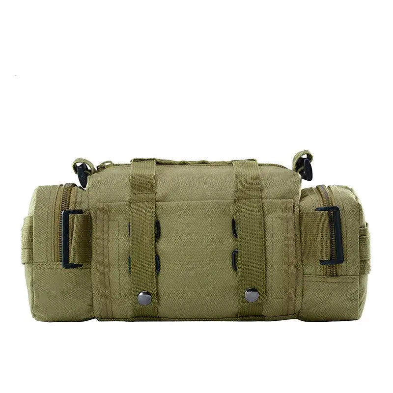 Military-style tactical waist pack in olive green with multiple compartments and straps.