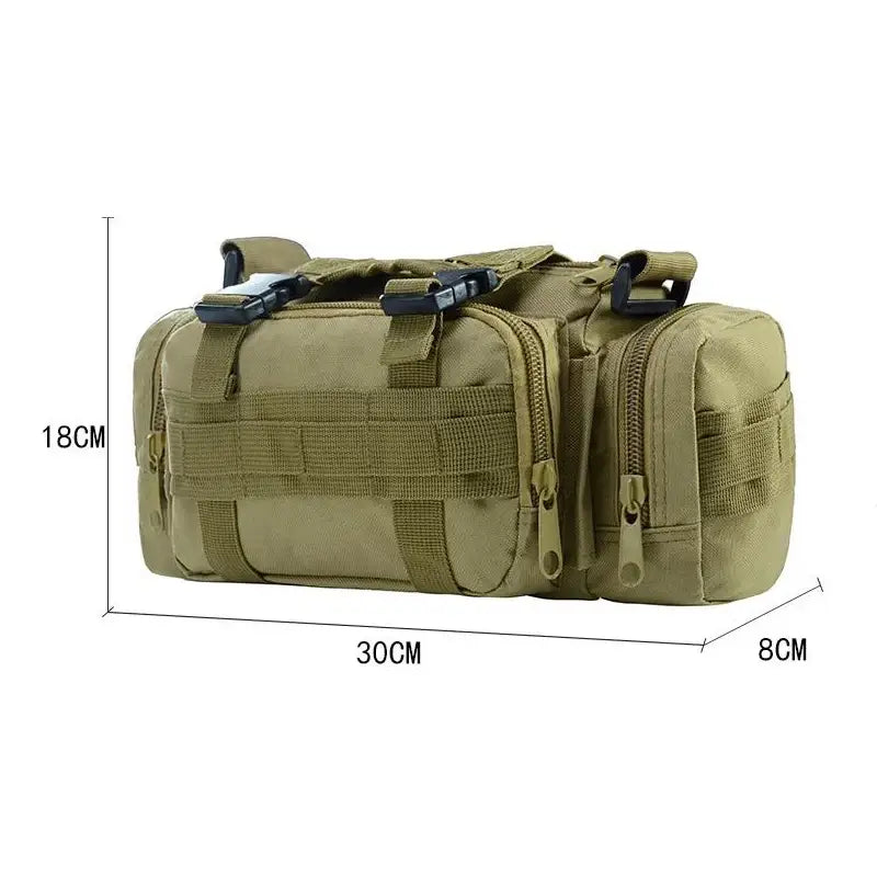 Tactical military-style duffel bag in olive green color.