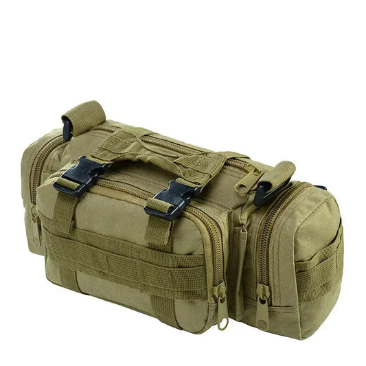 Olive green tactical utility bag with multiple compartments and straps.