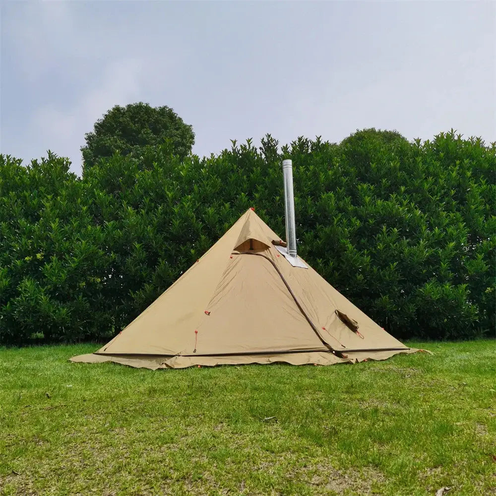 Beige canvas teepee-style tent with a chimney pipe protruding from the top.