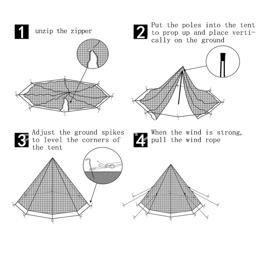 Step-by-step instructions for setting up a conical tent.