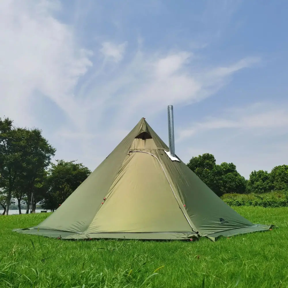 Olive green teepee-style tent with a chimney pipe protruding from the top.