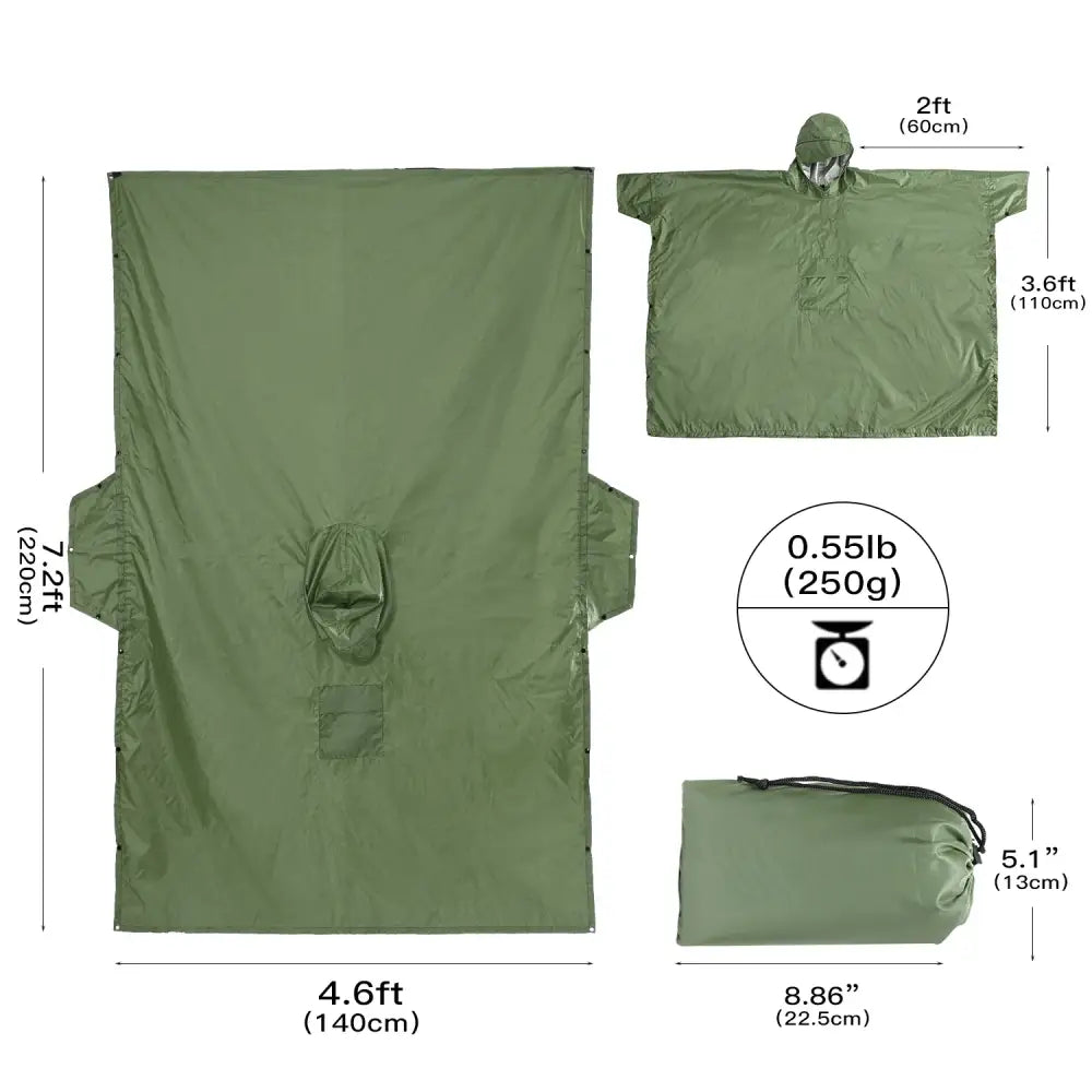 Olive green waterproof poncho with dimensions and weight specifications shown.