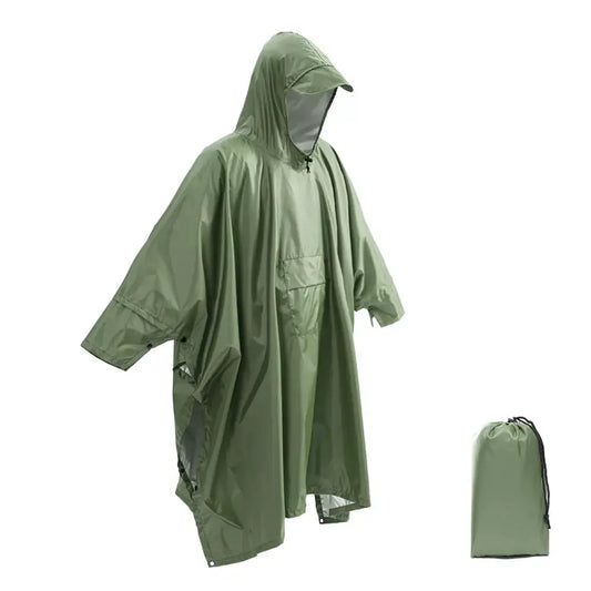 Olive green waterproof poncho with a hood and matching storage bag.