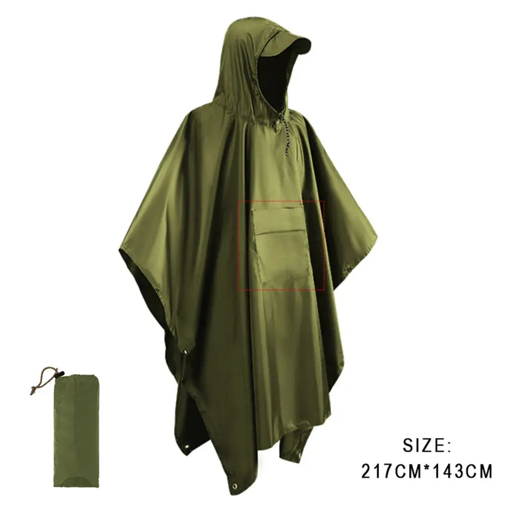 Olive green waterproof poncho with hood and accompanying storage pouch.