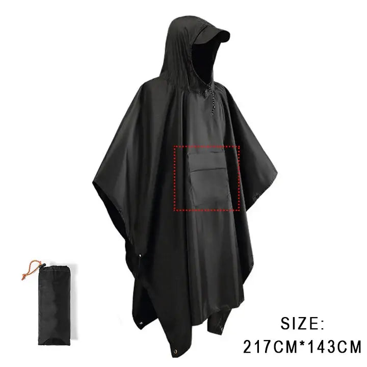 Black hooded rain poncho with a front pocket highlighted by a red outline.