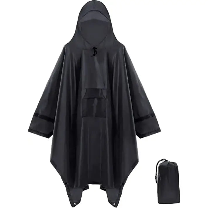 Black hooded rain poncho with a matching storage pouch.