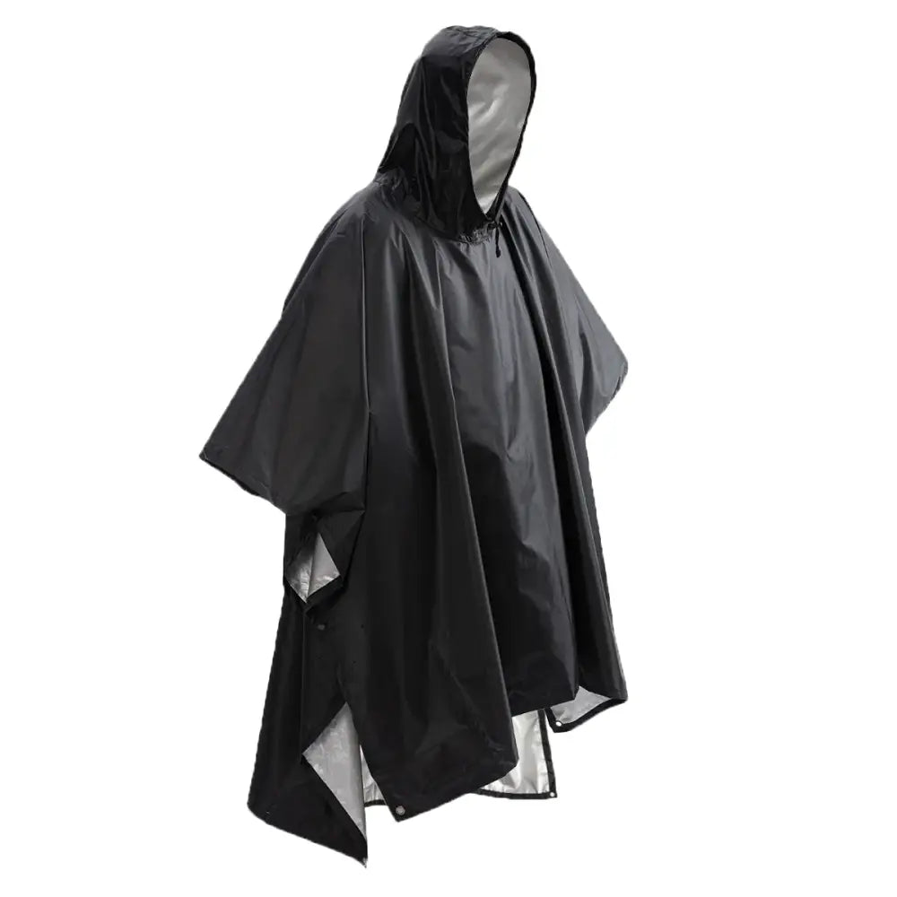 Black hooded rain poncho with a light-colored interior lining.