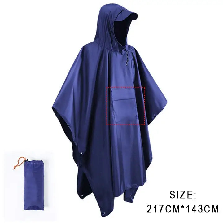 Blue waterproof poncho with a hood and accompanying storage pouch.