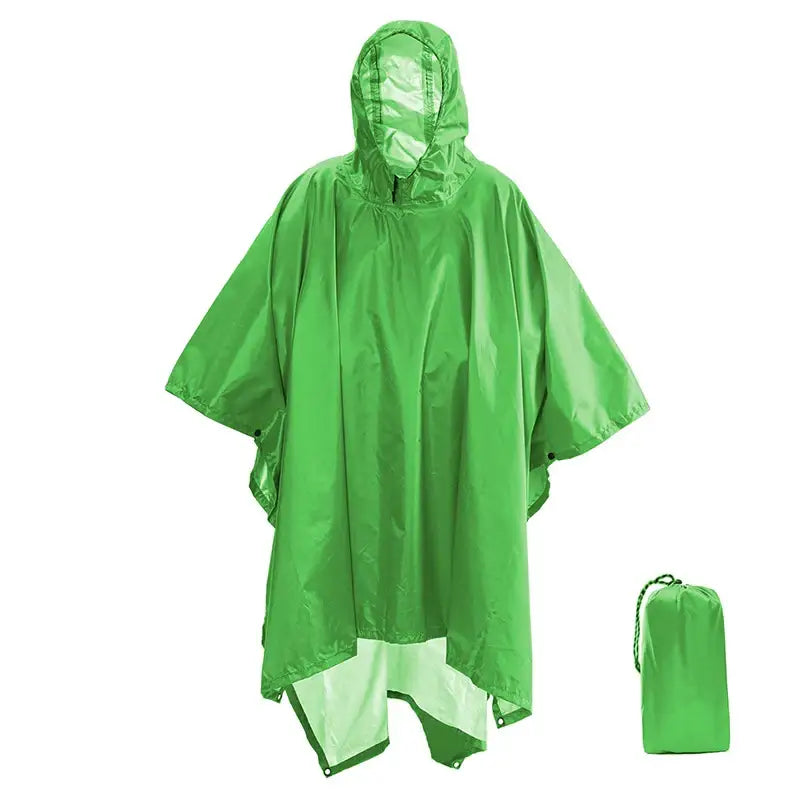 Bright green waterproof poncho with a hood and matching storage pouch.