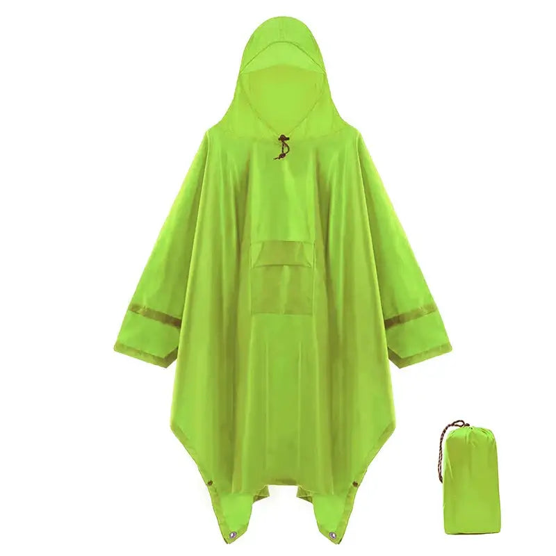 Bright lime green rain poncho with a matching storage pouch.