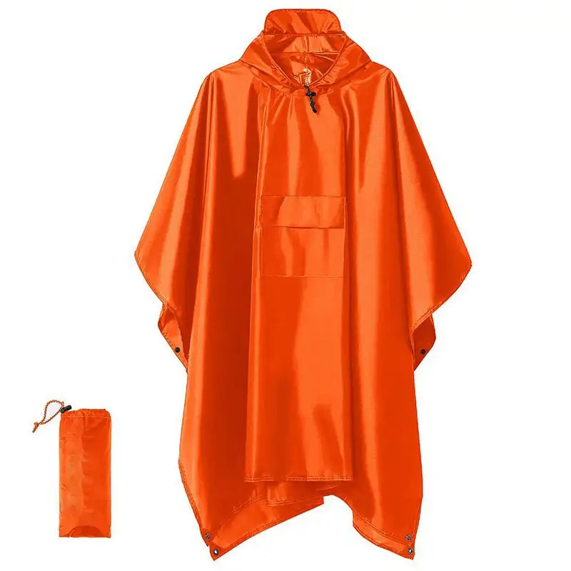 Bright orange rain poncho with a hood and front pocket, accompanied by a matching storage pouch.