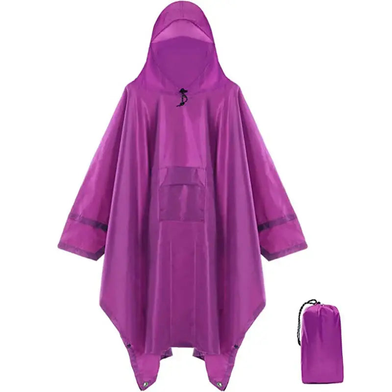 Bright purple rain poncho with a hood and matching storage pouch.