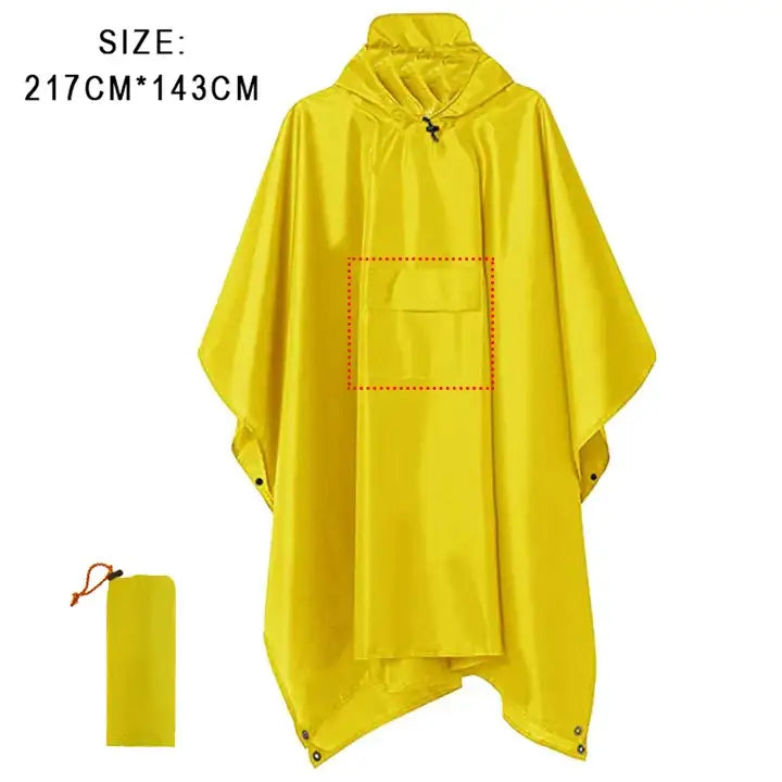 Bright yellow rain poncho with a hood and front pocket.