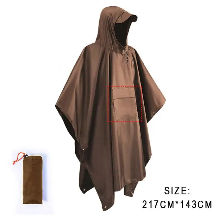 Brown hooded poncho-style rain garment with a front pocket and accompanying storage pouch.