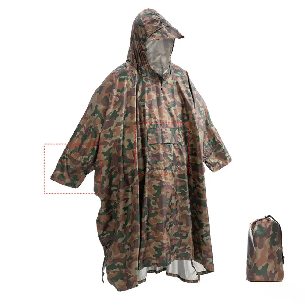 Camouflage poncho with attached hood and matching storage bag.