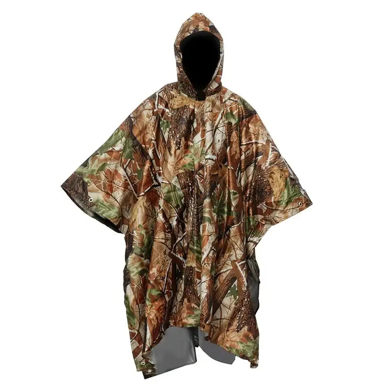 Camouflage poncho with a hood designed for outdoor use.